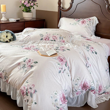 Elegant Vintage Rose Flowers Lace Ruffles Princess Cotton Duvet cover Bedding set